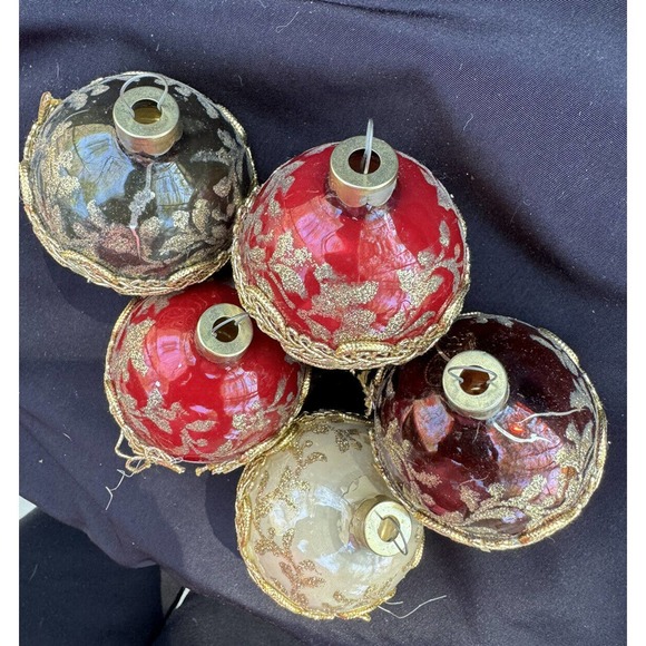 Gold Glitter Lace Trim Decorated Glass Ball Ornaments Lot 5 Vintage Christmas S1 - Picture 6 of 8